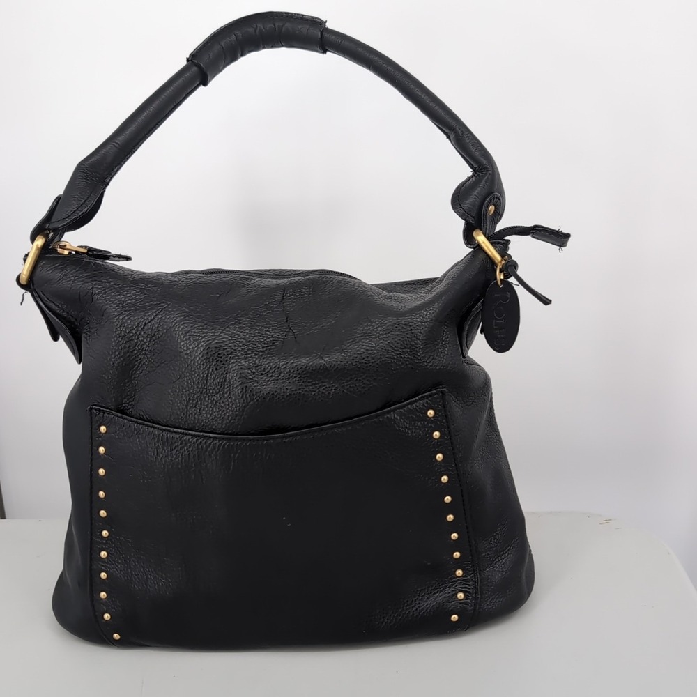 Rolfs Black Cowhide Leather Studded Hobo Shoulder Bag Gold Hardware